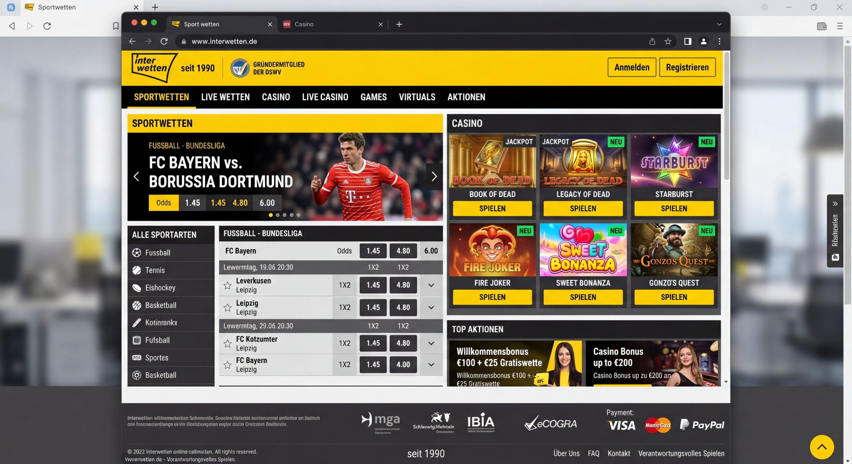 Screenshot der Interwetten Webseite